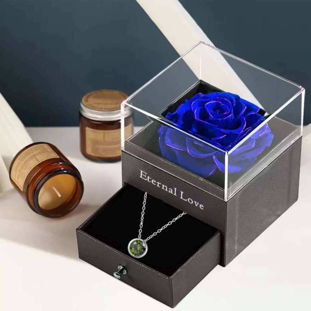 Preserved Rose In a Acrylic Box with Silver Plated August Birthstone Necklace